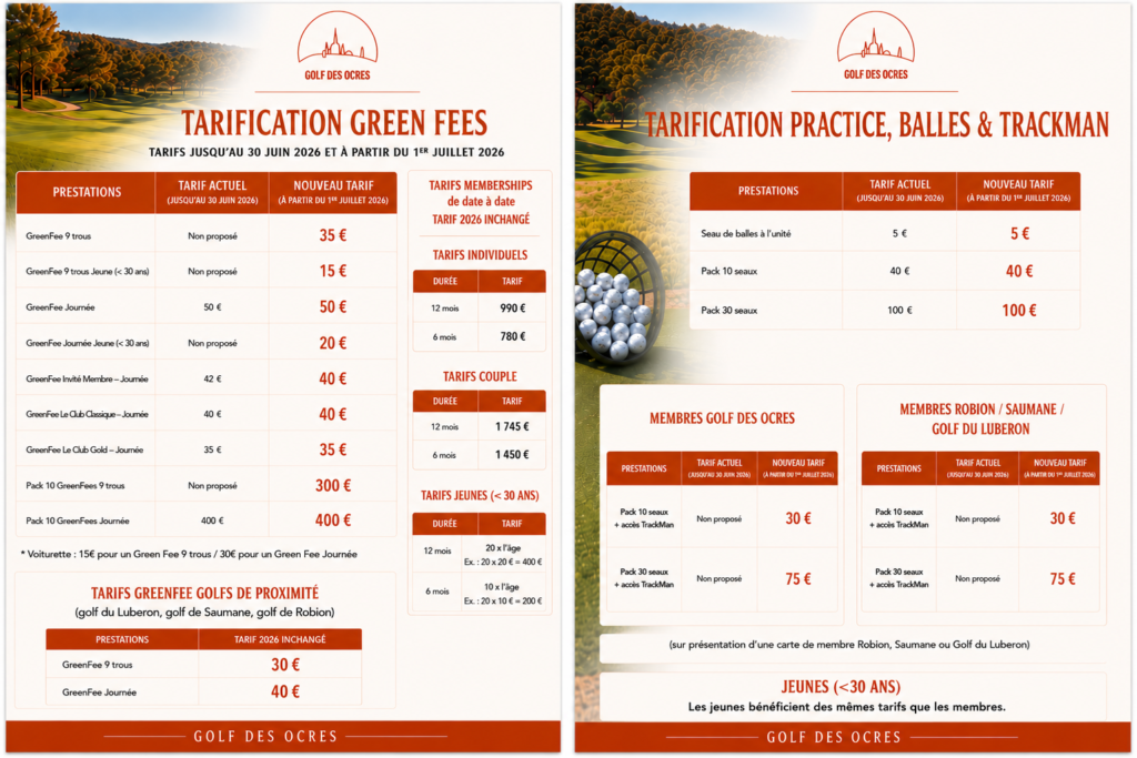 Tarifs 2026 du Golf des Ocres à Villars, Luberon, dans le Vaucluse. Tarifs valides à compter du 1er juillet.