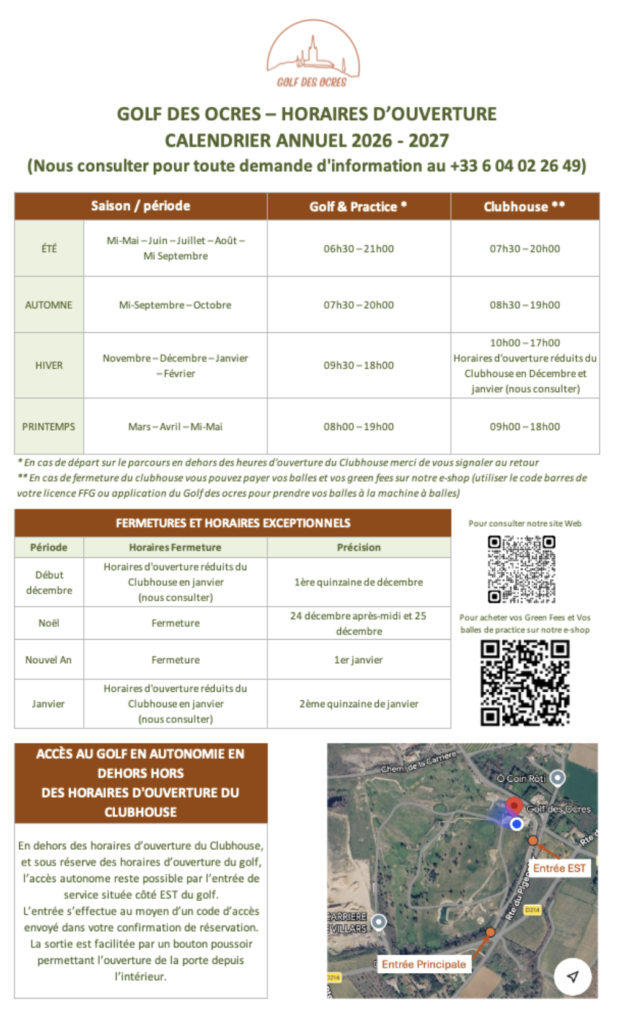 Calendrier 2026-2027 des horaires du Golf des Ocres